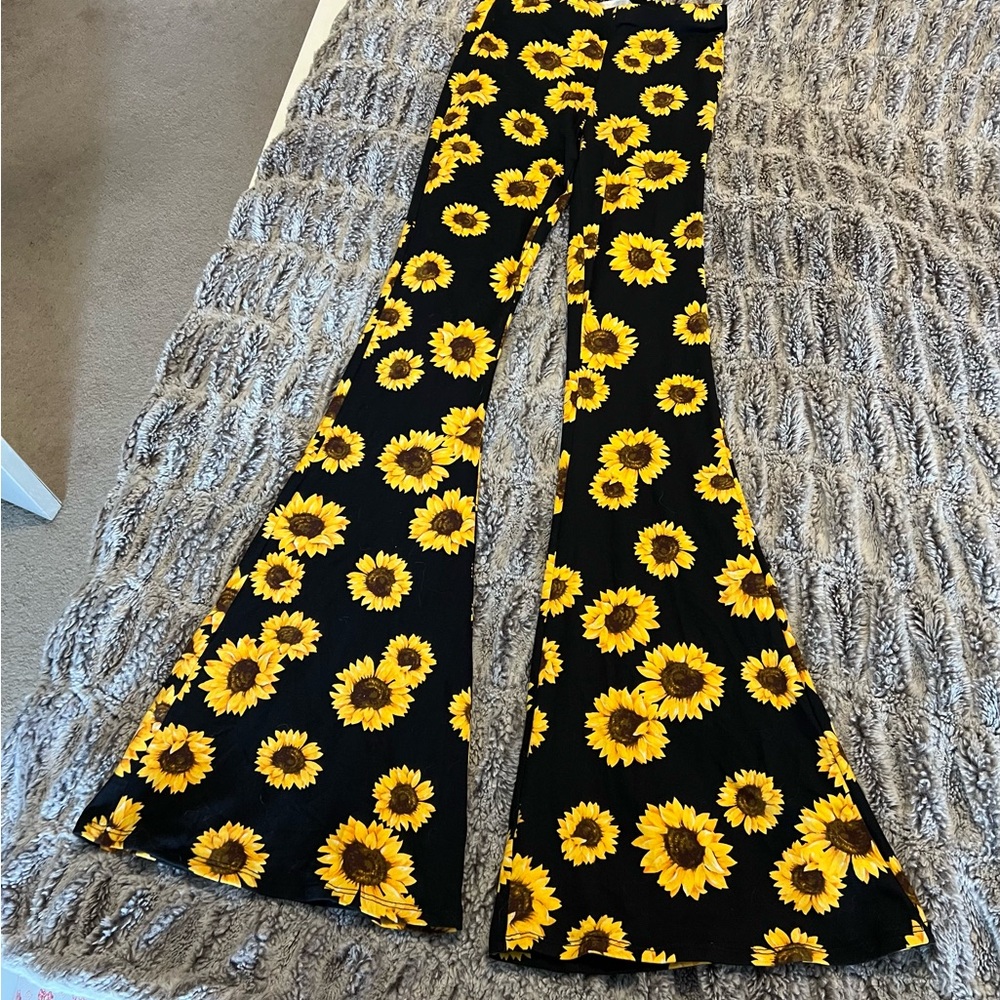 Sunflower Print Flared Pants